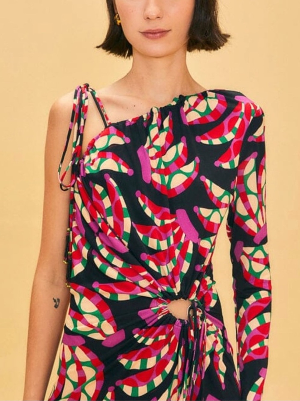 NWT Farm Rio Banana Dots One Shoulder Midi Dress - Size L